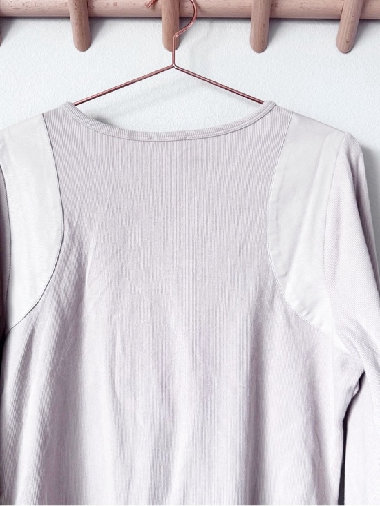 Anthropologie Maeve Beige Long-Sleeve Ribbed Faux Leather Insert Crew Pullover - Picture 12 of 13